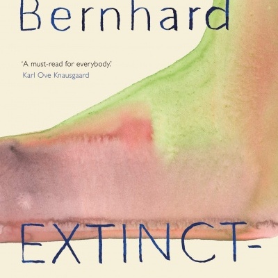 Capa de livro EXTINCTION de Thomas Bernhard com fundo branco e pintura em aquarela colorida