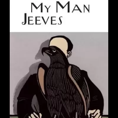 Capa do livro 'My Man Jeeves' com ilustração de homem com cabeça de ave preta sentado a uma mesa.