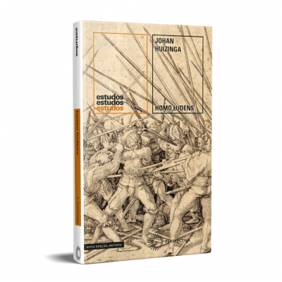 Capa do livro Homo Ludens de Johan Huizinga com ilustração de soldados e texto em letras pretas e laranjas