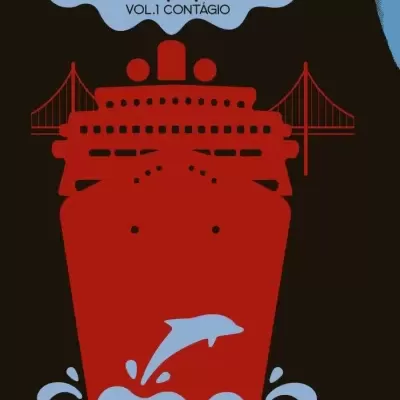 Capa de livro com título o desfufador VOL.1 CONTÁGIO, navio vermelho e golfinho azul.