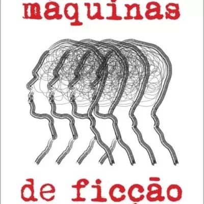 Capa do livro Máquinas de Ficção com silhuetas de cabeças desenhadas e texto em preto e vermelho.