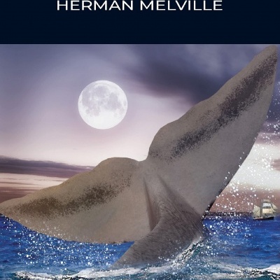 Capa do livro Moby Dick de Herman Melville com imagem de uma baleia levantando a cauda no mar ao luar