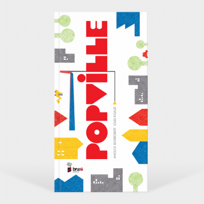 Embalagem branca com gráfico colorido e texto Popville