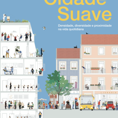 Capa do livro Cidade Suave com ilustração de edifícios e pessoas