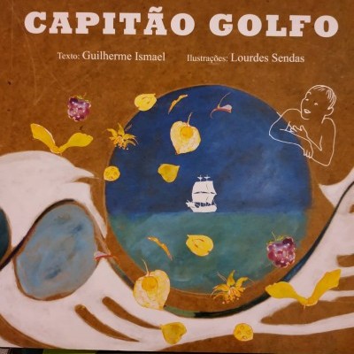 Capa de livro Capitão Golfo com ilustrações de navio e folhas amarelas