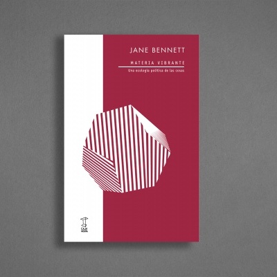 Capa de livro 'Matería Vibrante' de Jane Bennett com design geométrico e fundo vermelho e branco