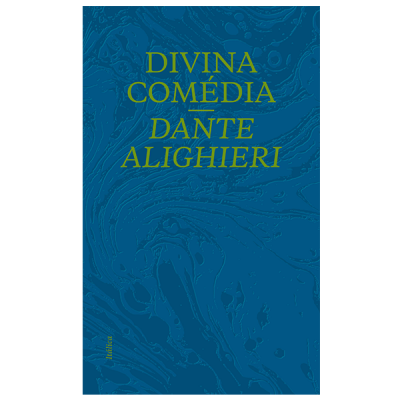 Capa de livro azul com título amarelo 'DIVINA COMÉDIA DANTE ALIGHIERI'