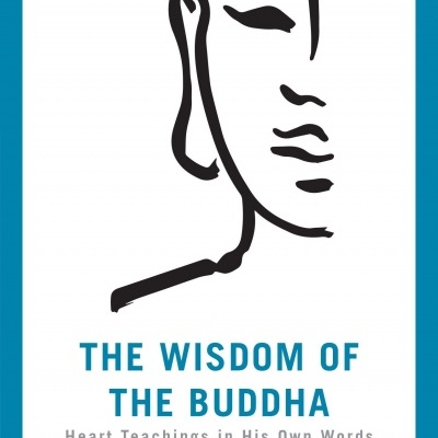 Capa de livro The Wisdom of the Buddha com rosto minimalista de Buda em preto em fundo branco e borda azul.