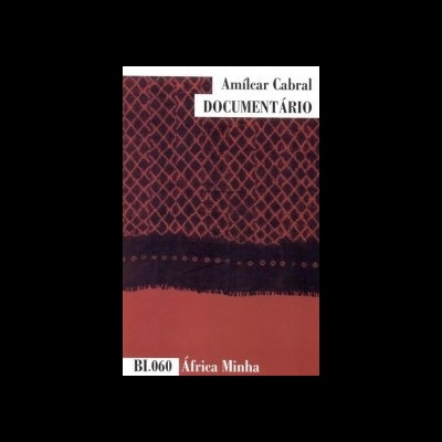 Capa de livro padrão geométrico vermelho bordô com texto Amílcar Cabral DOCUMENTÁRIO e BL.060 África Minha
