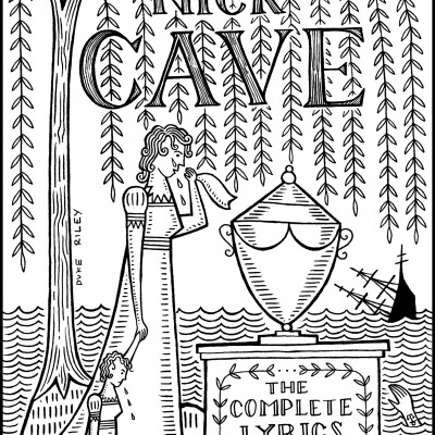 Capa de livro ilustrada a preto e branco com texto e figuras femininas junto a túmulo e árvore