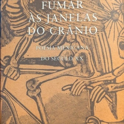 Capa de livro com ilustração de esqueletos e texto em branco sobre poesia mexicana.