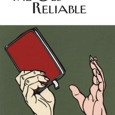 Capa de livro THE OLD RELIABLE com ilustração de mãos e livro vermelho