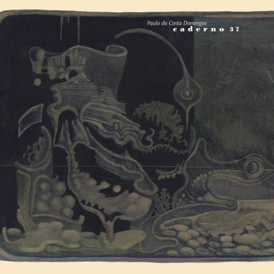 Caderno preto com arte gráfica abstrata e texto na capa