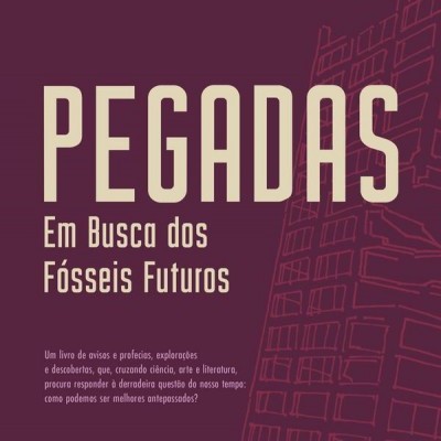 Capa de livro com título Pegadas em fundo roxo com ilustração de edifício