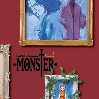 Capa de livro Monster Volume 3 com ilustrações em molduras e texto do título