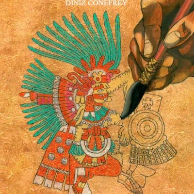 Capa de livro com ilustração de guerreiro indígena colorido e mão a desenhar