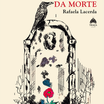 Capa do livro Breve Explicação Sobre a Origem da Morte com ilustração de lápide, corvo e flor vermelha