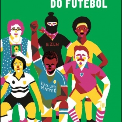 Capa do livro 'Uma História Popular do Futebol' de Mickaël Correia com ilustração colorida de jogadores e texto em verde