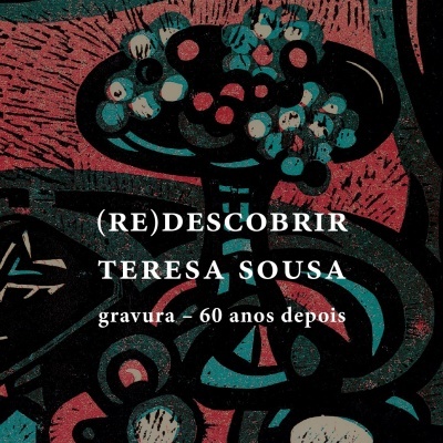 Gravura abstrata com texto '(RE)DESCOBRIR TERESA SOUSA gravura – 60 anos depois'
