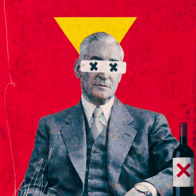 Cartaz com homem de fato cinzento e faixa branca com X nos olhos, fundo vermelho e triângulo amarelo, garrafa de vinho com X vermelho, texto NOVO ESTADO NOVO