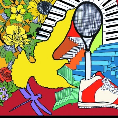 Capa de livro colorida com flores, mãos, raquete de ténis, sapato desportivo, silhueta amarela e escadas, com texto em português.