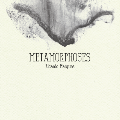 Capa de livro branca com mancha abstrata cinzenta e título Metamorphoses