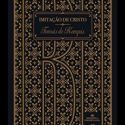 Capa de livro preta com padrão dourado e texto 'IMITAÇÃO DE CRISTO Tomás de Kempis'