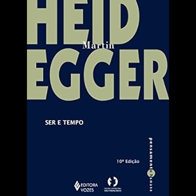Capa de livro azul escuro com texto verde claro e branco, título SER E TEMPO de Martin Heidegger.