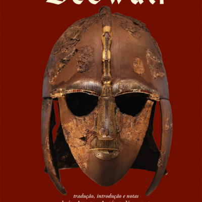 Capa de livro com capacete antigo e título Beowulf