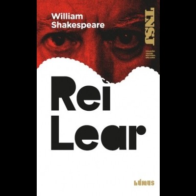 Capa de livro Rei Lear com rosto vermelho e texto em preto e branco