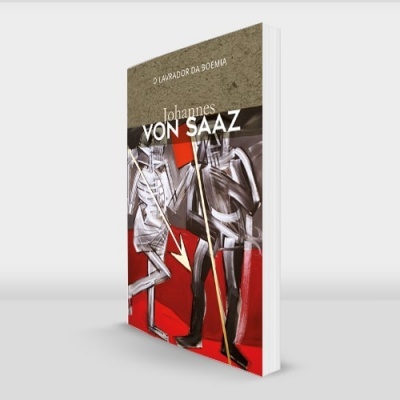 Livro com capa mostrando duas figuras masculinas desenhadas, fundo vermelho e texto JOHANN VON SAAZ