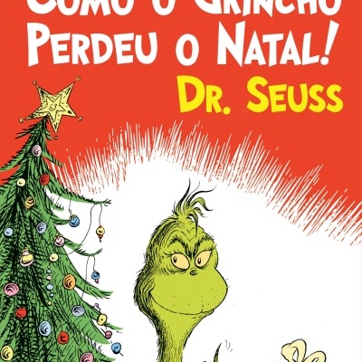 Capa de livro do Grinch com árvore de Natal e presentes
