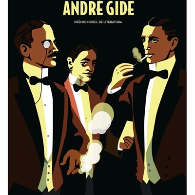 Capa do livro O Imoralista com três homens de fato formal e charuto