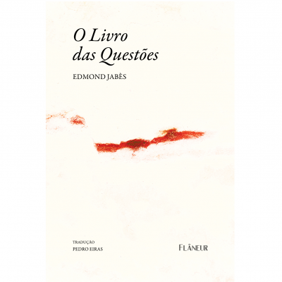 Capa de livro 'O Livro das Questões' de Edmond Jabès com fundo branco e mancha vermelha