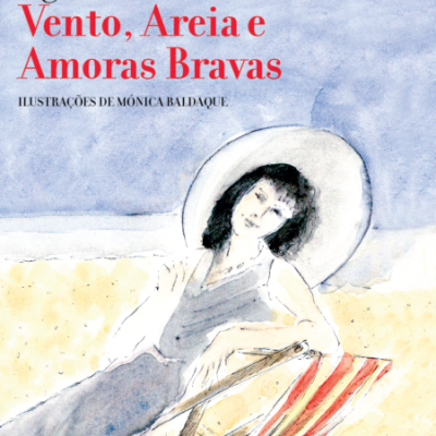 Capa de livro com ilustração de mulher reclinada em espreguiçadeira de riscas vermelhas e brancas na praia