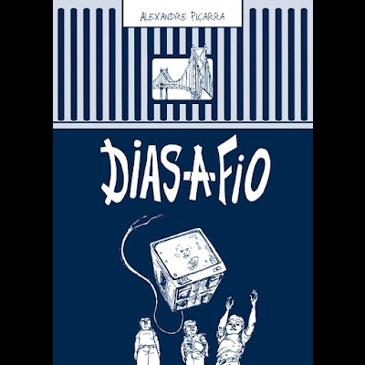 Capa do livro 'DIAS A FIO' de Alexandre Picarra com ilustração de crianças e cubo azul