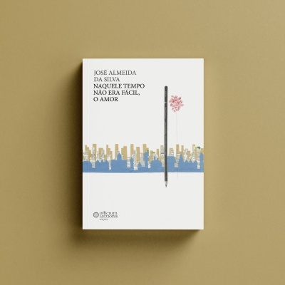 Capa de livro branco com título e ilustração de lápis e skyline em fundo castanho claro