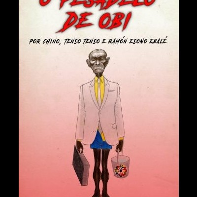 Capa de livro O PESADELO DE OBI com ilustração de homem de fato rosa e balde colorido