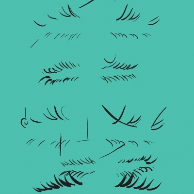 Desenhos de linhas pretas simulando sobrancelhas e pestanas sobre fundo azul esverdeado