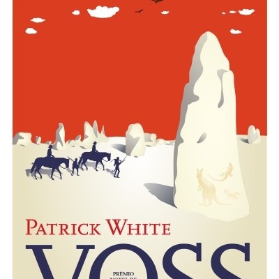 Capa do livro Voss de Patrick White com fundo vermelho e bege e ilustração de cavaleiros e pedras