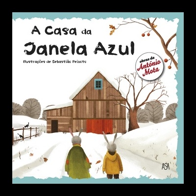 Capa de livro com casa de madeira e janelas azuis, dois coelhos de costas e árvore seca