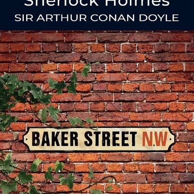 Capa de livro com tijolos vermelhos, placa 'BAKER STREET N.W.' e texto 'The Best of Sherlock Holmes'