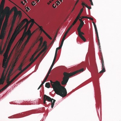 Poster artístico com desenho abstrato em vermelho e preto e texto em português