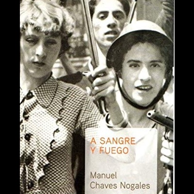 Capa do livro A SANGRE Y FUEGO com três pessoas armadas em preto e branco