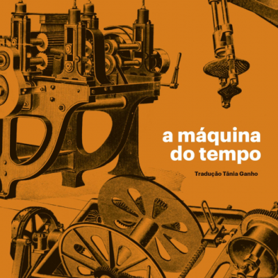 Capa de livro laranja com ilustração mecânica e texto em branco e preto