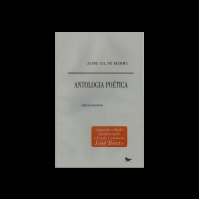 Capa de livro 'Antologia Poética' de Jaime Gil de Biedma com etiqueta laranja com texto sobre edição e tradução.