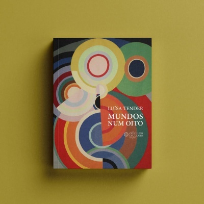 Livro MUNDOS NUM OITO com capa colorida em círculos concêntricos sobre fundo amarelo.