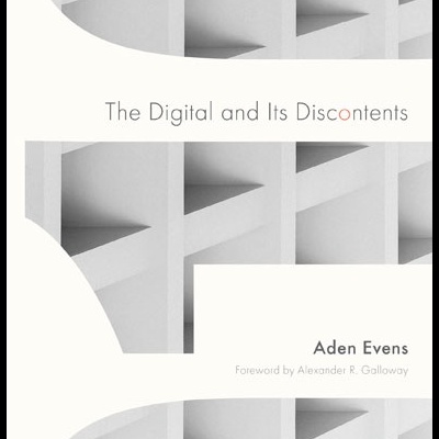 Capa do livro The Digital and Its Discontents de Aden Evens com padrão geométrico cinza e rosa