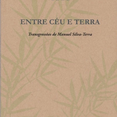 Capa de livro castanho claro com folhas verdes, título ENTRE CÉU E TERRA, autor Tu Fu, subtítulo Transgressões de Manuel Silva-Terra