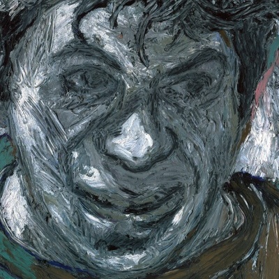 Pintura a óleo de rosto masculino com texto GASOLINA GREGORY CORSO